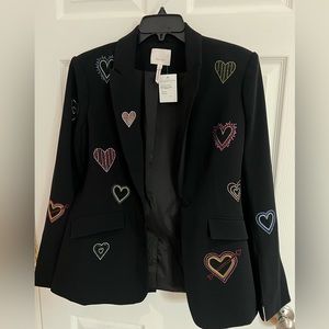 Cinq à Sept blazer with scattered, intricately beaded heart embellishments.
